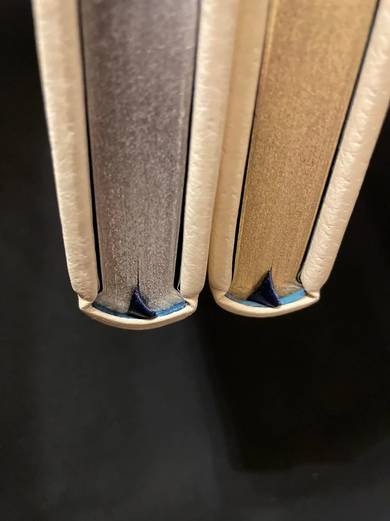 Two Claimed binding prototypes with paper endbands and silver and gold top edges