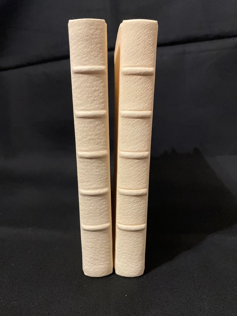 The spines of two Claimed binding prototypes with raised bands, side by side
