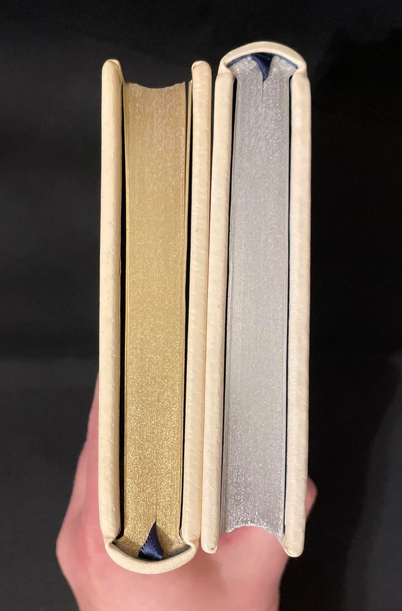 Two Claimed binding prototypes from above, one with a gold and one with a silver top edge