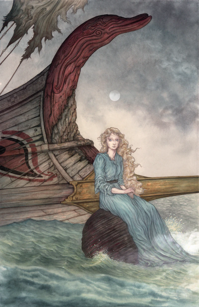 Jason Mowry's finished painting of Leilah for Claimed: a fair-haired woman in blue seated in the waves beneath a ship's red dolphin prow