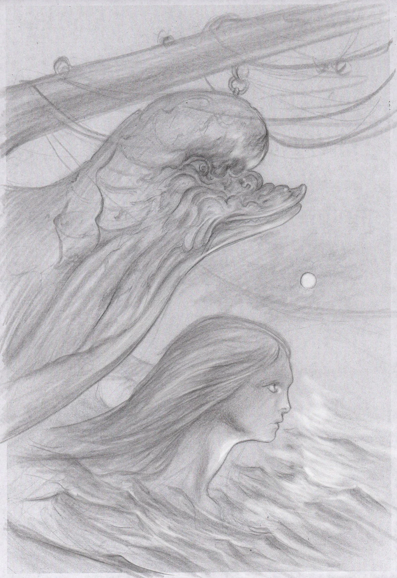 Jason Mowry's pencil sketch for Claimed: a woman in the waves beneath a monstrous dolphin's head