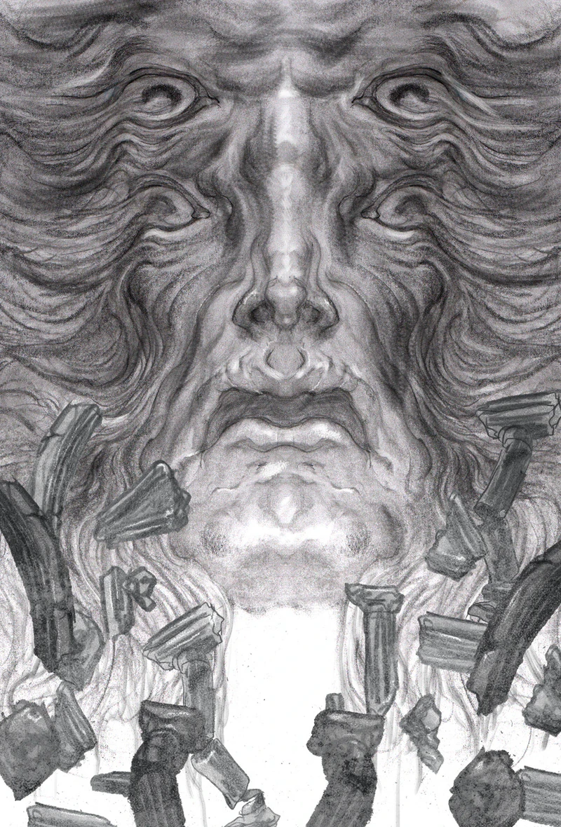 Jason Mowry's pencil sketch Archangel for Claimed: a vast face with streaming hair above toppling columns