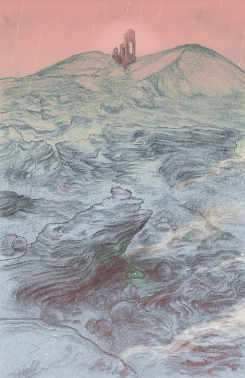 Jason Mowry's frontispiece sketch for Claimed: a flooded, rocky landscape below a ruined tower under a pink sky