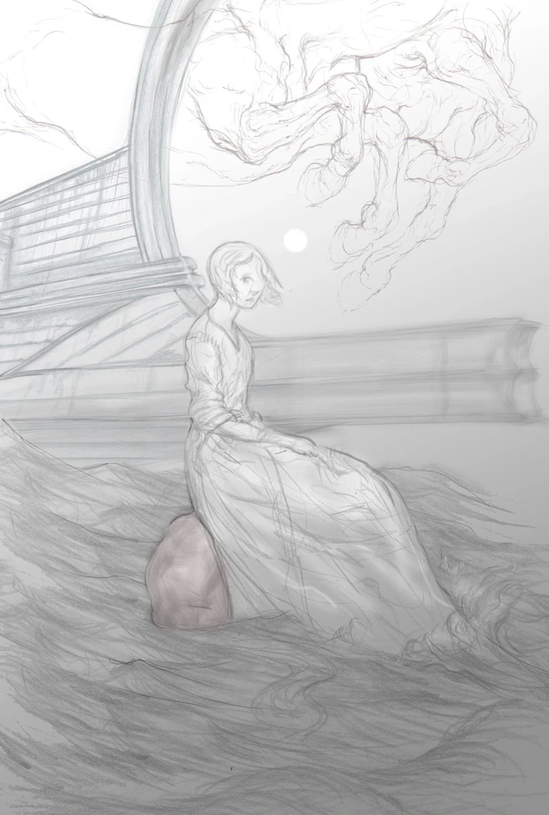 Jason Mowry's pencil sketch of Leilah for Claimed, seated in the sea beside a ship's hull