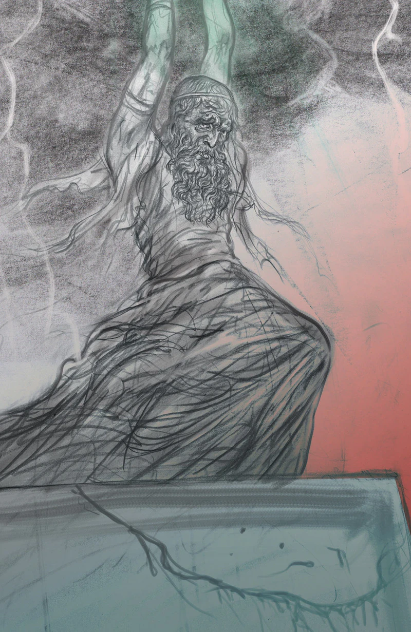 Jason Mowry's sketch of a bearded priest with raised arms for Claimed