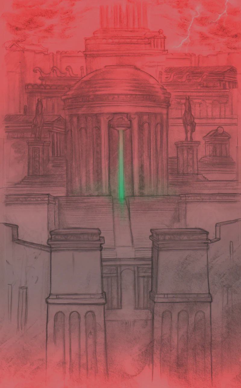 Jason Mowry's sketch Scarlet Palace for Claimed: a domed palace washed in red, a green light at its door