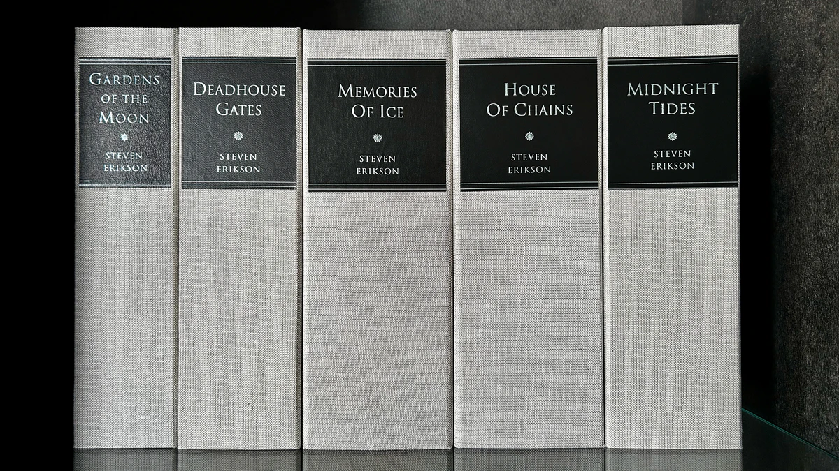 Five lettered traycases of Malazan Book of the Fallen from Subterranean Press in grey cloth, Gardens of the Moon to Midnight Tides
