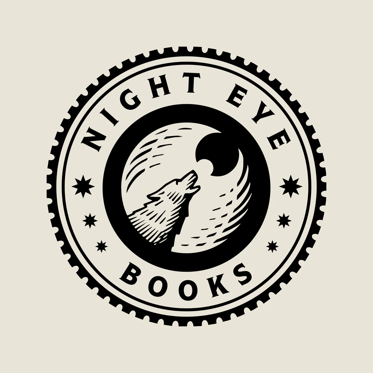 The mark of Night Eye Books: a wolf howling at the moon inside a stamp-edged circle