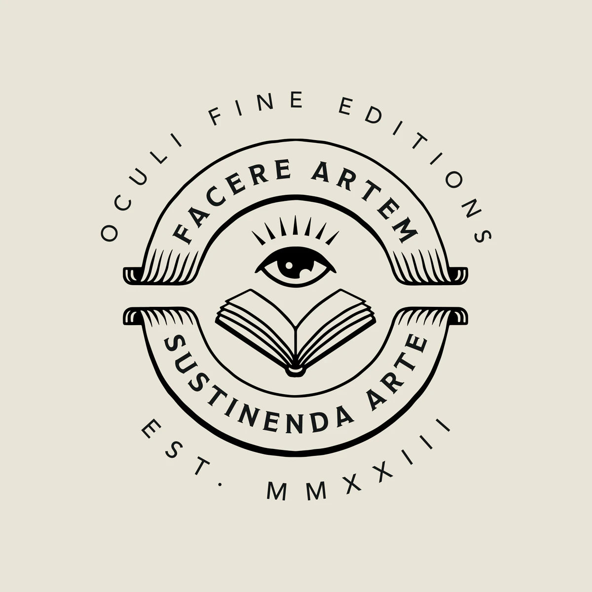 The mark of Oculi Fine Editions: an eye above an open book between two banners