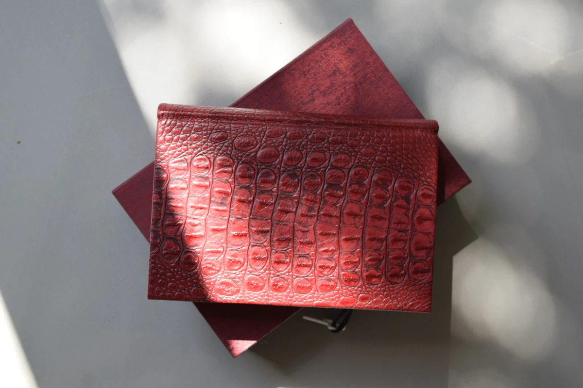The lettered Red Dragon from Suntup Editions, embossed red hornback leather in sunlight, resting on its traycase