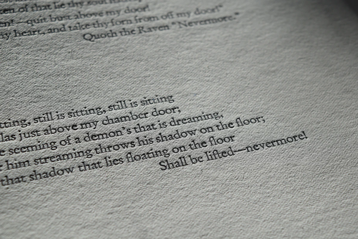 Proof of the closing stanza of The Raven, “Shall be lifted—nevermore!”, in raking light