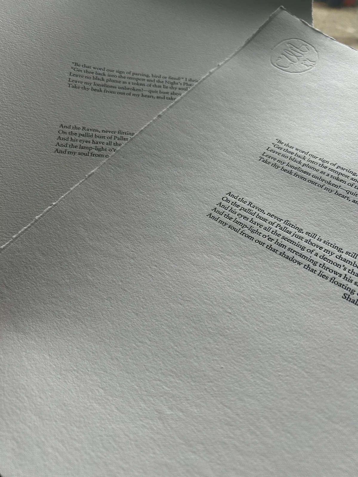 Two proof sheets of The Raven with deckle edges, the press mark blind-embossed in the corner